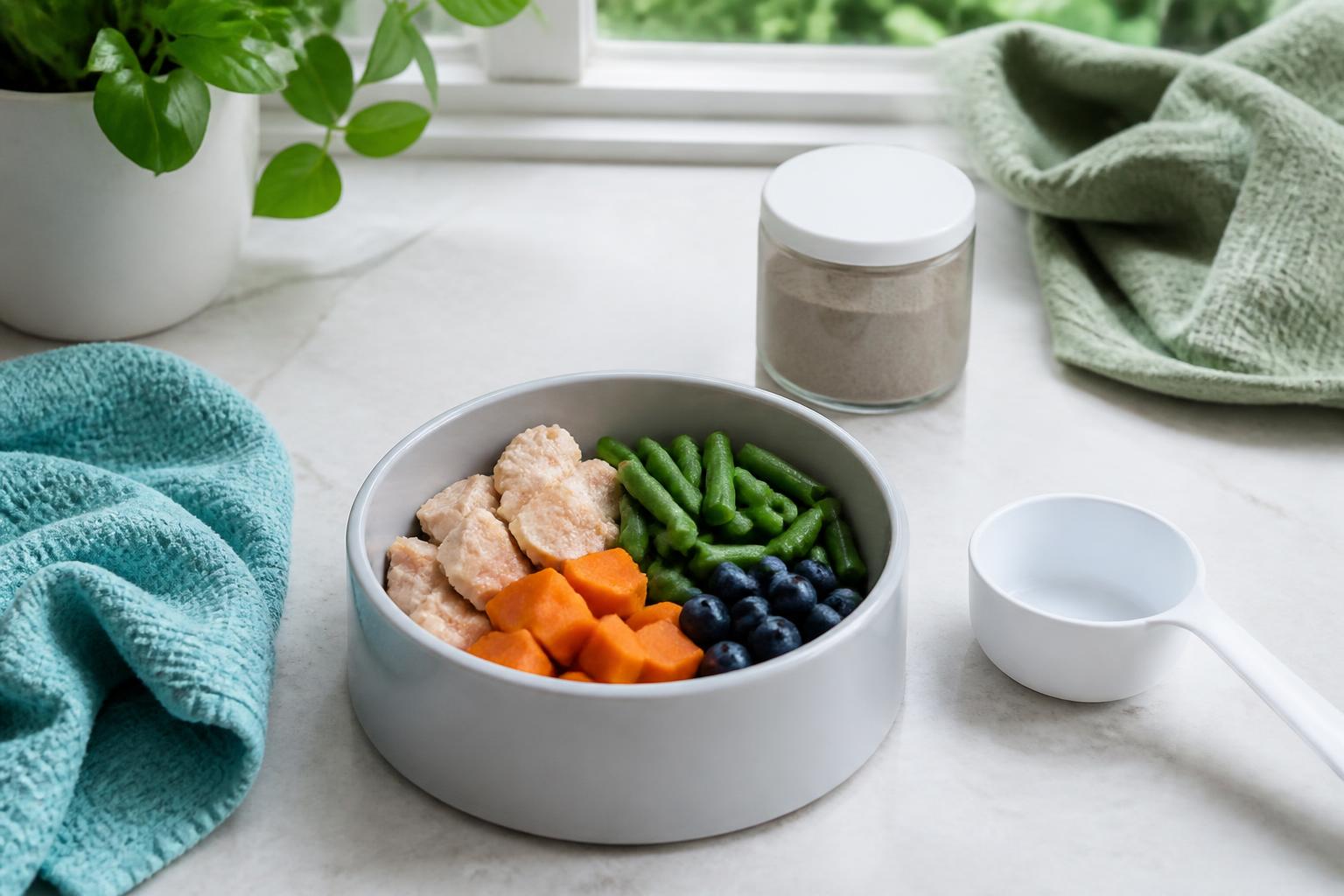 A freshly prepared dog bowl with cooked chicken, green beans, sweet potato, and blueberries on a kitchen counter.