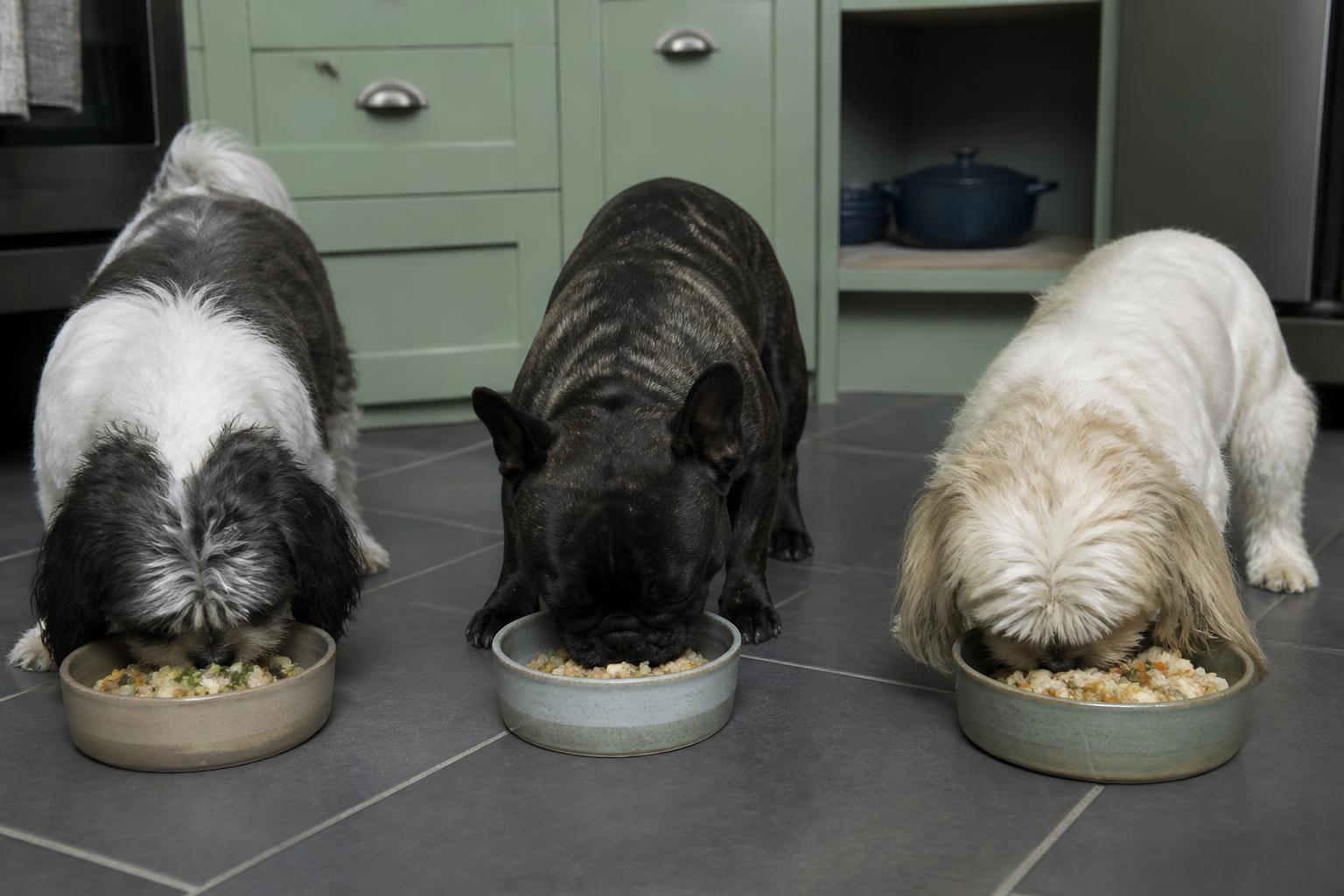 Two Shih Tzus and a brindle French Bulldog eating freshly prepared food from ceramic bowls on a kitchen floor.