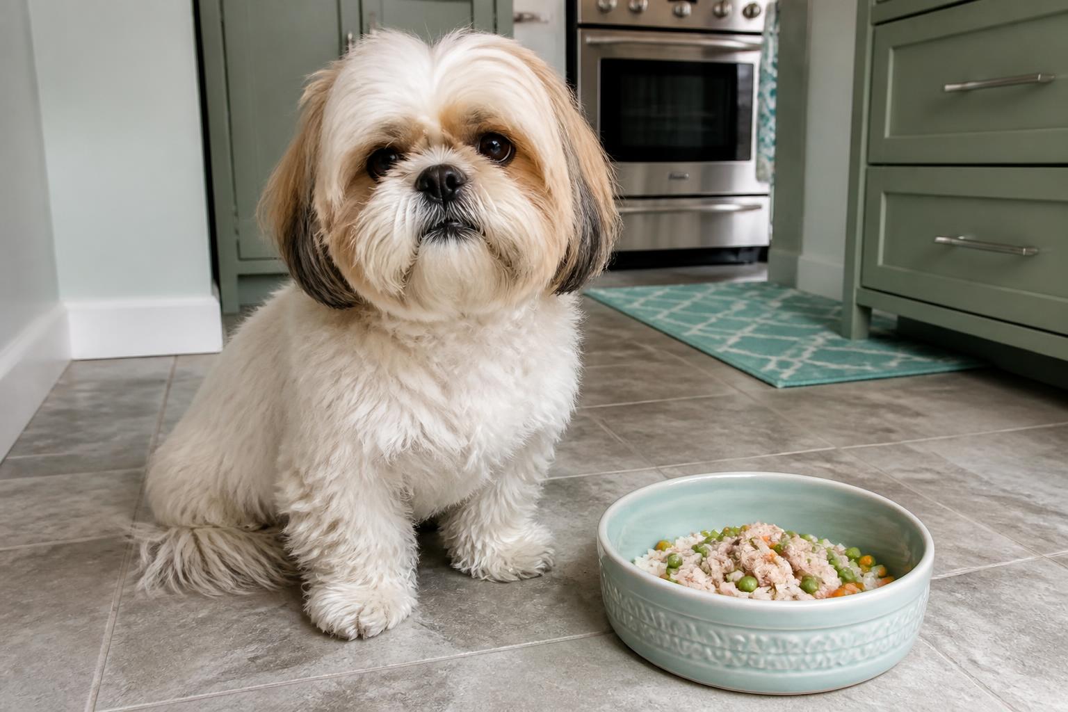 A gold-and-white Shih Tzu sitting on a kitchen floor beside a pale aqua ceramic bowl of freshly prepared food.