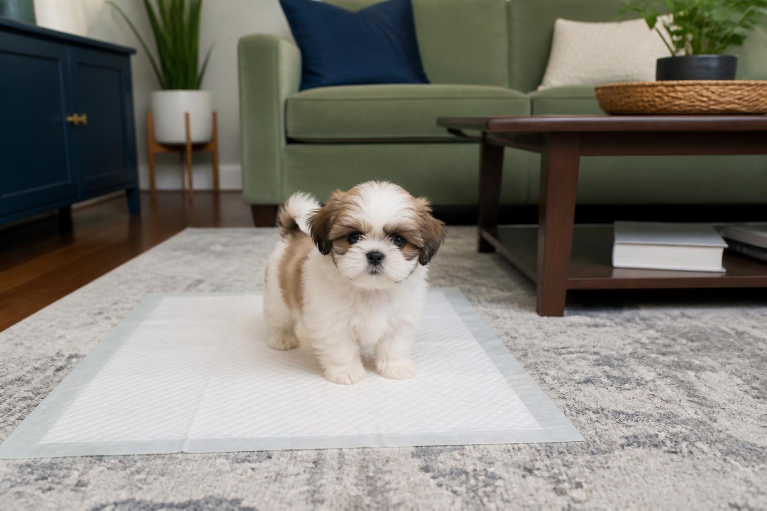 A small Shih Tzu puppy standing on a white training pad in a living room with a sage green sofa.