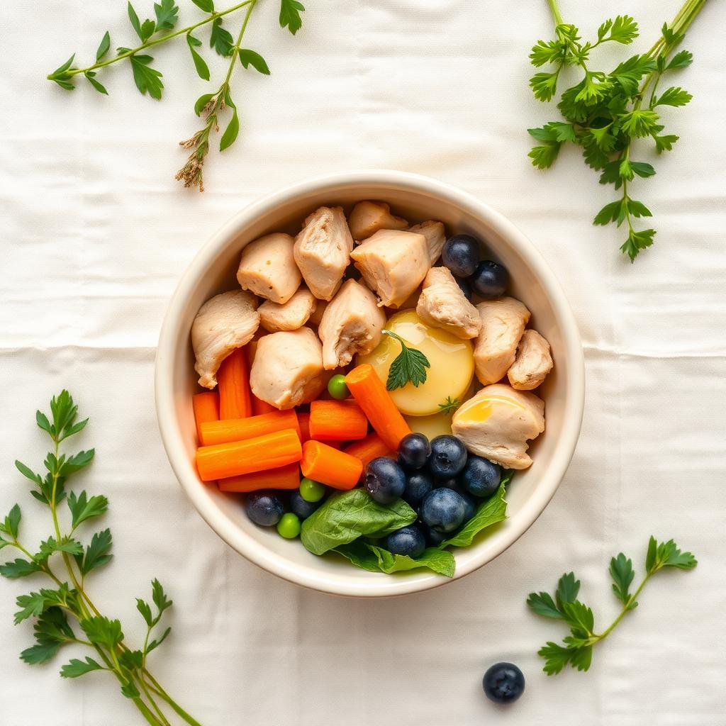 Overhead view of a fresh Layered Bowl™ with chicken, carrots, blueberries, peas, leafy greens, healthy oil, and herbs in a ceramic bowl on a cream linen surface.