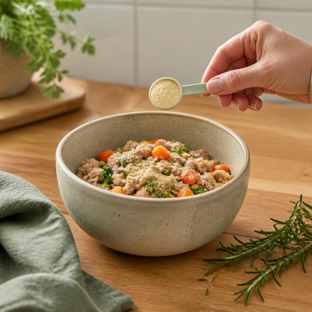 A measuring scoop beside a plain jar and freshly prepared dog food in a home kitchen.